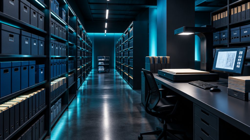 Records room with file boxes and a scanning workstation