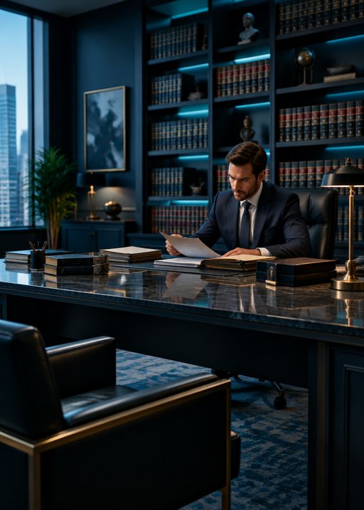 Attorney reviewing documents in a law office