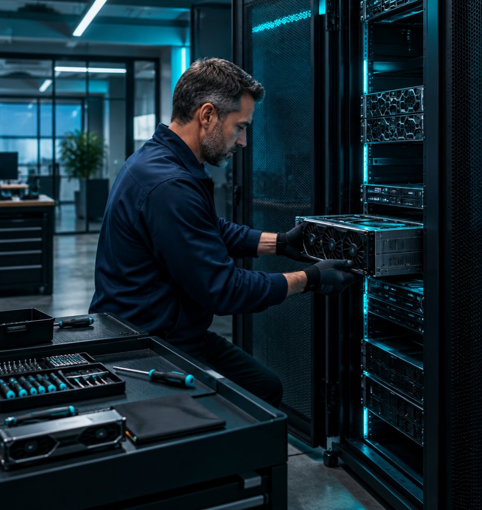 A technician installing a GPU server into a rack