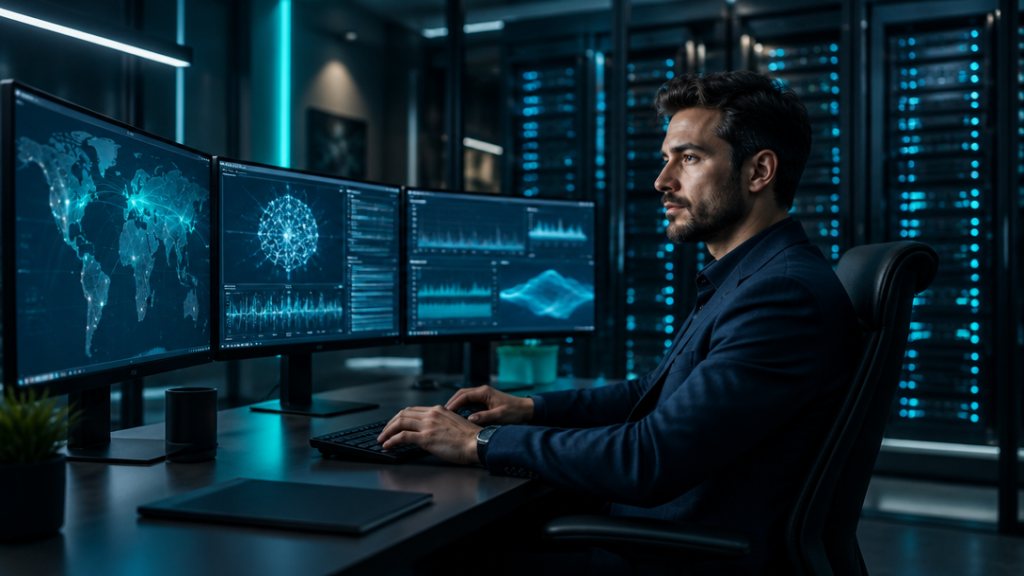 An analyst working at monitors in front of server racks