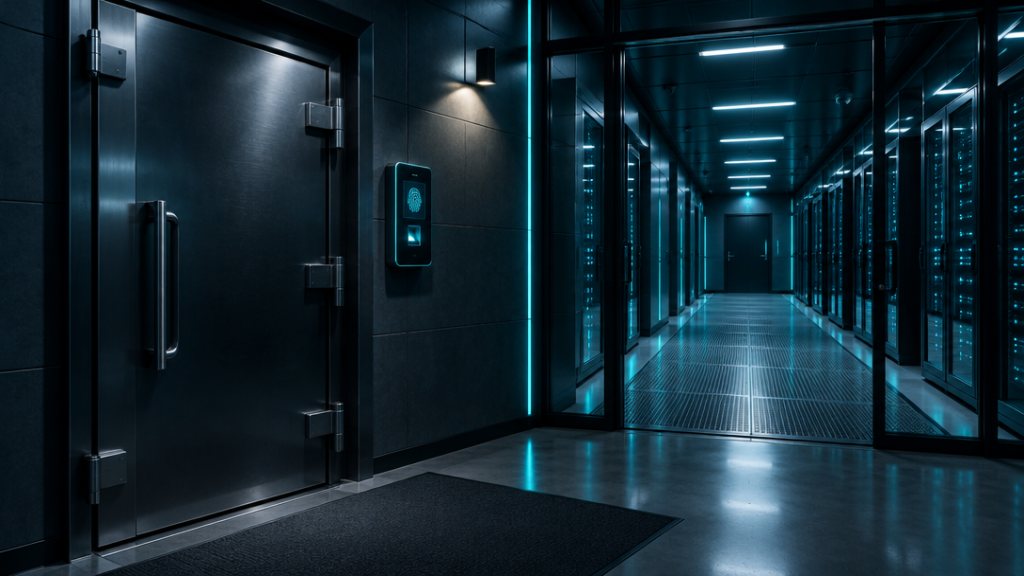 A secured server corridor behind a vault door